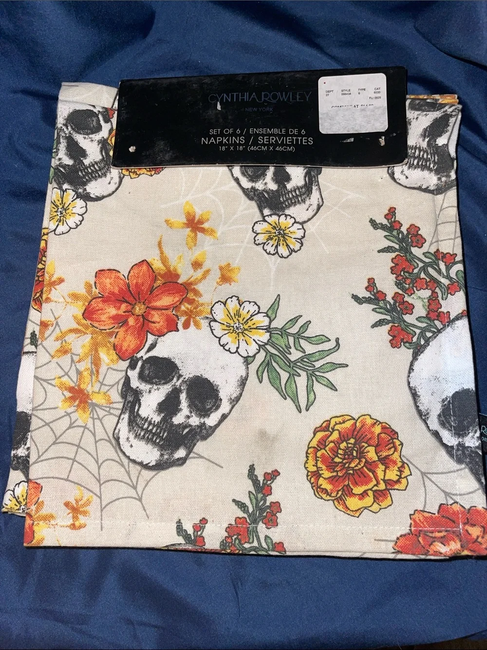 Cynthia Rowley Set of 6 Cream Napkins with Black Skulls and Orange Floral Print